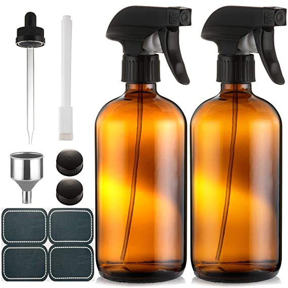 Empty Amber Glass Spray Bottles - (2 Pack) 16 oz with Labels Refillable Container for Essential Oils, Cleaning Solutions, Cleaning Products, Hair, Plant Mister, Daily Shower, Gardening or Aromatherapy