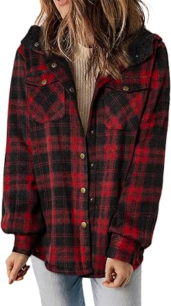 Dokotoo Womens Plaid Shacket Jacket Long Sleeve Button Down Fleece Hooded Jackets Warm Coat