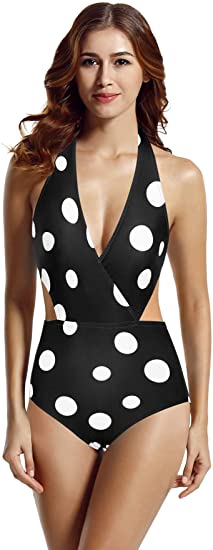 zeraca Women's Surplice Neckline High Waisted Halter One Piece Monokini Swimsuit