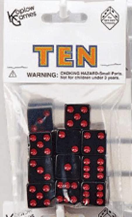 Set of 10 Six Sided Square Opaque 16mm D6 Dice - Black with Red Pip Die by Koplow Games