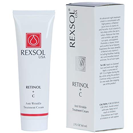 REXSOL Retinol   C Anti-Wrinkle Treatment Cream | Contains pure Vitamin A & Vitamin C | Minimize the visible appearance of lines, wrinkles, age spots, sun spots, and pigment. (60 ml / 2 fl oz)