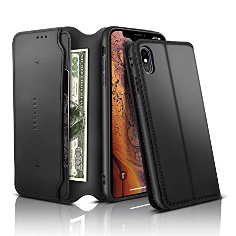 REALIKE Leather Wallet Case for iPhone Xs iPhone X Flip Case with Card Holder in Shockproof Protection and Magnetic Closed for Men and Women-Black