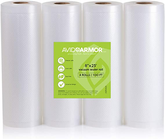 8" x 25' Vacuum Sealer Bags Rolls 4 Roll Pack for Food Saver, Seal a Meal Vac Sealers, Heavy Duty Commercial, Sous Vide, BPA Free FITS INSIDE ROLL STORAGE Cut Bag to Size 100 Total Feet Avid Armor