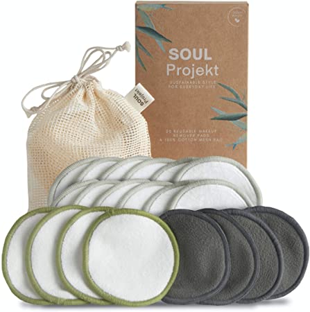 Soul Projekt Reusable Cotton Pads (20), 3 Layers Makeup Remover Pads, Washable Face Wipes Organic Bamboo Cotton, Mesh Laundry Bag, Eco-Friendly, For All Skin Types (8cm)