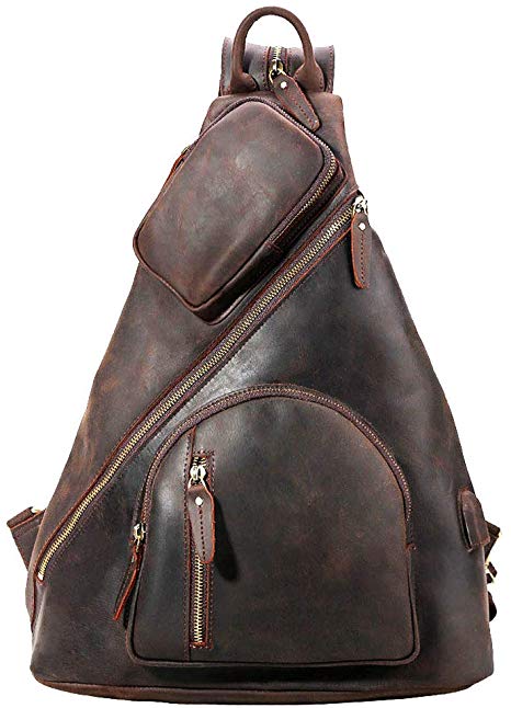 Tiding Men's Leather Messenger Chest Bag Vintage Laptop Backpack Casual Outdoor Sling Bag with USB Charging Port - Dark Brown