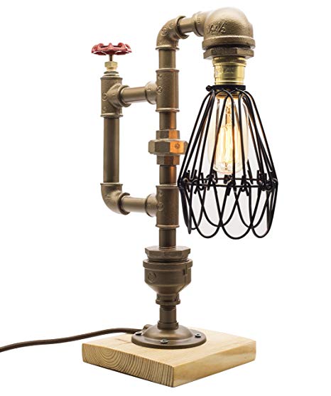 Y-Nut Loft Style Lamp,"The Cage", Steam Punk Industrial Vintage Style, Wood Base Metal Body, Table Desk Light With Dimmer, LL-008