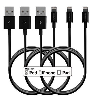 ISELECTOR Pack of 3 Apple MFi Certified 33ft 1M Lightning Connector to USB Sync Charge Data Cable Cord Charger for iPhone 6s 6 plus 5s 5 5c iPad 4 air mini pro iPod and more in Black