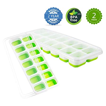 Evosummer Ice Cube Trays, 2 Pack Silicone Ice Tray with Removable Lid, Easy-Release Silicone and Flexible 28 Ice Cubes (Blue & Green)