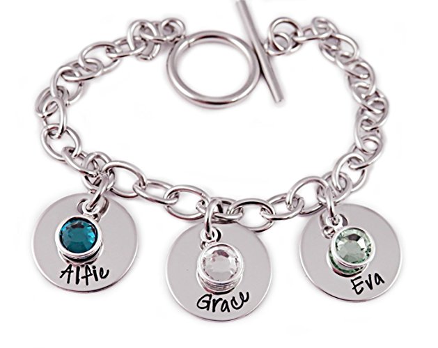 Charm Bracelet Hand Stamped with Name and Birthstones - Mother Bracelet - Personalized Jewelry