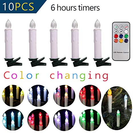 Micandle 10PCS Christmas Tree LED Taper Candles with Remote Control and Timer,Can Control 110 Inch Distance,Battery Operated Color Change Flickering Flameless Electric Candle Lights