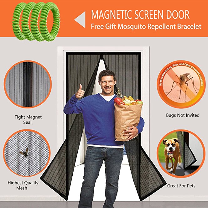 Calish Magnetic Screen Door with Heavy Duty Mesh Curtain and Full Frame Velcro, Easy Installation, No Gap, Fits Door Size up to 90 x 210cm with Highly Effective Mosquito Repellent Bands Pack of 4