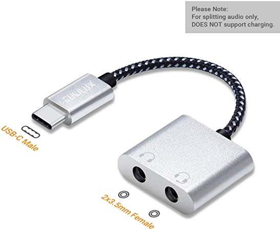 USB C Headphone Jack Splitter for Samsung Galaxy Tab S6 Galaxy Note 10, Type C to Dual 3.5mm AUX Adapter, USB-C Audio Y Splitter Compatible for iPad Pro 11/12.9” 3rd Generation, Pixel 4 3 2 XL, Silver