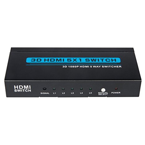 HDMI Switcher, LESHP 5X1 Port HDMI Switcher1080P 3D HDMI Splitter Box with IR Wireless Remote AC Power Adapter HDCP 1.3 Compliant Deep Color Up to 12-bit for all HDTVs/ Blu-ray players/ Xbox 360/ PS3/ Apple TV (all versions) Other HDMI Devices