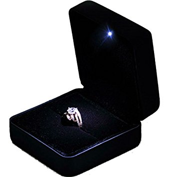 Luxury Black PU Leather and Steel LED Light Jewelry Ring Box With Battery