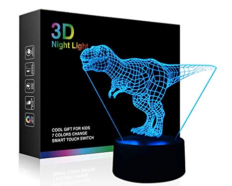 Dinosaur 3D Night Light Table Desk Lamp, Wiscky 7 Colors Optical Illusion Touch Control Lights with Acrylic Flat & ABS Base & USB Cable for Christmas Gift