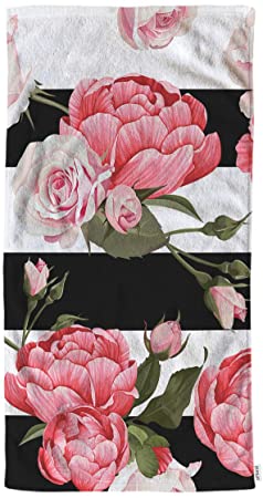 oFloral Peony and Rose Floral Hand Towels Cotton Washcloths,Pink Flower Green Leaves with Black White Stripes Comfortable Soft Towels for Bathroom Spa Gym Yoga Beach Kitchen,Hand Towel 15X30 Inch