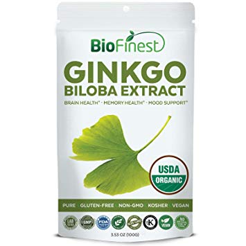 Biofinest Ginkgo Biloba Leaf Extract Powder - USDA Certified Organic Pure Gluten-Free Non-GMO Kosher Vegan Friendly - Brain Supplement for Focus, Memory & Mental Performance (100g)