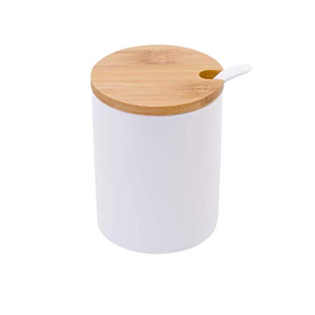 Porcelain Sugar Bowl with Spoon and Bamboo Lid, LUCKYGODDNESS 10.8 FL OZ Ceramic White Spice Jar Salt Pepper Holder Container Box Flour Serving Condiment Pot for Housewarming Gift