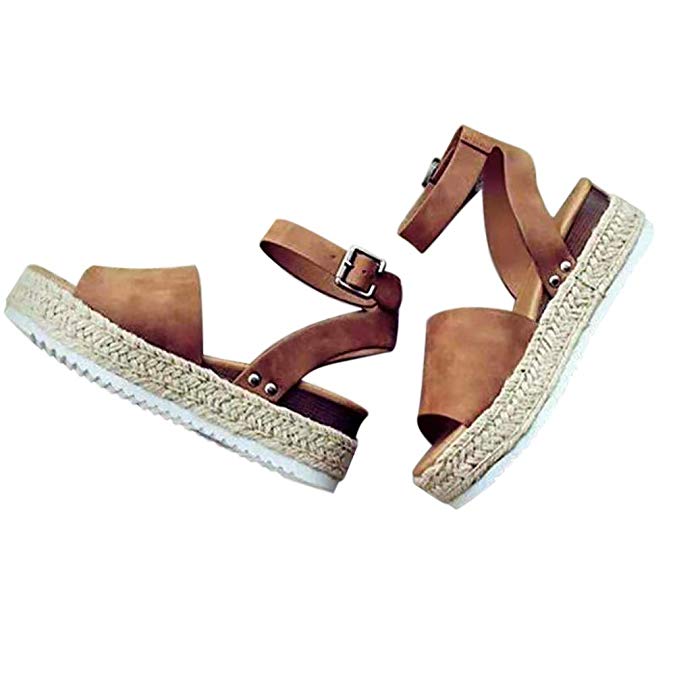 Feng Womens Wedges Sandals Open Toe PU Ankle Strap Studded Platform Sandals