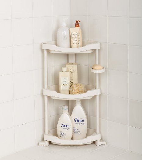 Tenby Living Corner Shower Caddy - 3 Shelf Shower Organizer Caddie with Movable Soap Dish - Heavy-Duty White Plastic Construction - Adjustable Height