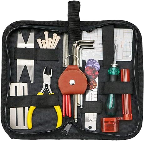 FOVERN1 26 PCS Guitar Repairing Tool Kit, Including Wire Plier, String Organizer, Fingerboard Protector, Hex Wrenches, Files, String Action Ruler, Spanner Wrench, Bridge Pins for Guitar Ukulele Bass