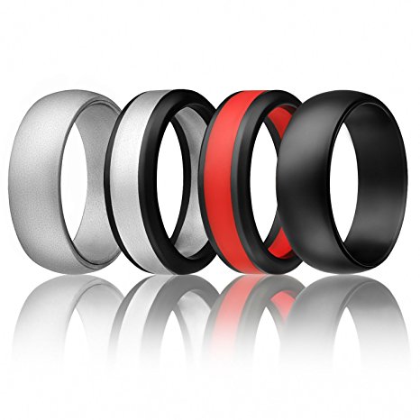 SOLEED Silicone Wedding Ring For Men (Power X Series) Safe and Sturdy Silicone Rubber Wedding Band Middle Wide Stripe with Black Beveled Edges - Metallic, Silver, Platinum, Grey, Blue, Red
