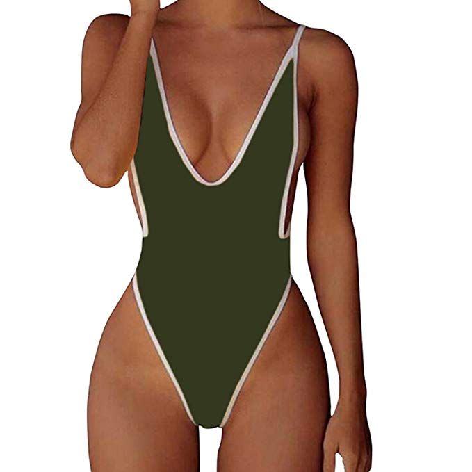 CROSS1946 Sexy Womens Monokini Deep V One Piece Backless Cheeky Swimwear Semi Thong Bikini