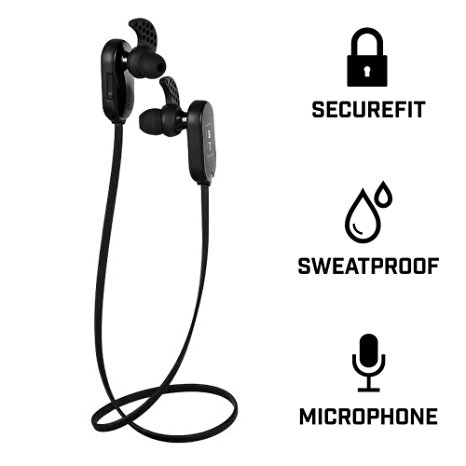 Brass Tacks RUNNERZ Bluetooth Earbuds: SecureFit, Sweat Proof, Wireless headphones for Running, Workout, Gym, Sport - 4.1 EDR, Mic, 2x pairing - Black