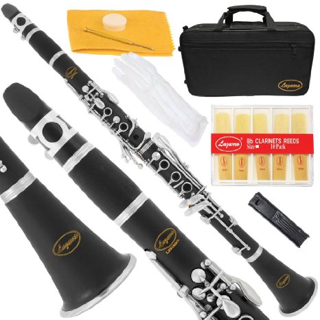 Lazarro 150-BK-L B-Flat Bb Clarinet Black, Silver Keys with Case, 11 Reeds, Care Kit and Many Extras