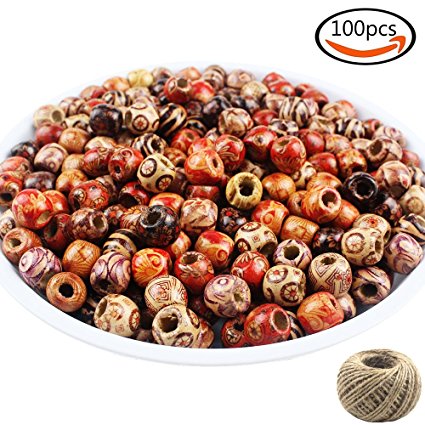 JPSOR 100pcs 17mm Painted Pattern Barrel Wooden Beads with 30 Meters Jute Twine