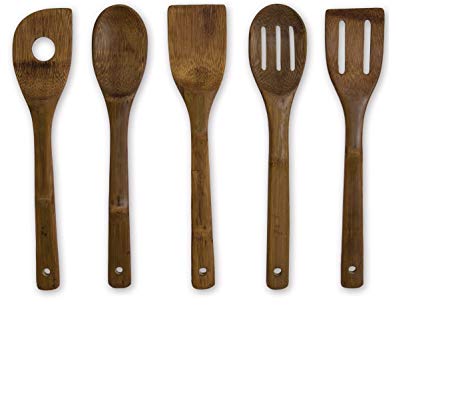 Totally Bamboo 5-Piece 12 inch Burnished Bamboo Utensil Set with Spoon, Spatula, Slotted Spoon, Curved Spatula, Spork