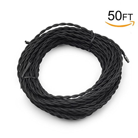 Supmart Black Twisted Cloth Covered Wire ,2-Conductor 18-Gauge Antique Industrial Fabric Electrical Cord Cable,Vintage Style Lamp Cord strands 50 Feet