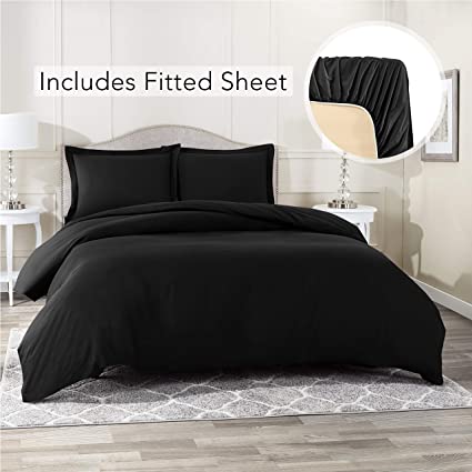 Nestl Bedding Duvet Cover with Fitted Sheet 4 Piece Set - Soft Double Brushed Microfiber Hotel Collection - Comforter Cover with Button Closure, Fitted Sheet, 2 Pillow Shams, Queen - Black