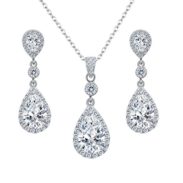 EleQueen 925 Sterling Silver Full Cubic Zirconia Teardrop Bridal Pendant Necklace Dangle Earrings Set