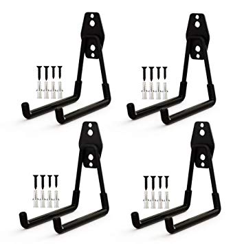 Wall Mounted Heavy Duty Double Clip U Shape Utility Tools Hooks with Anti-Slip Coating for Home Garage Storage Organizer Garden Tools Shovels Chair Hose (4 Pack Black Square Hook Middle)