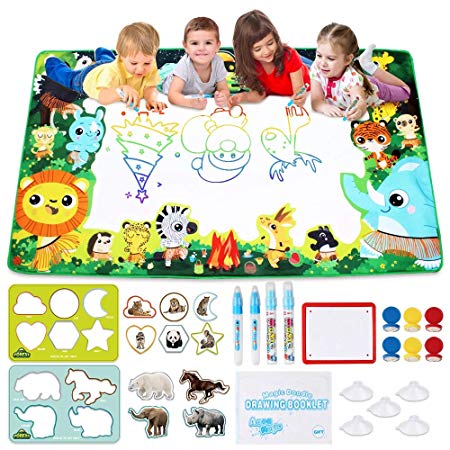 Large Water Drawing Mat for Kids Aqua Magic Water Doodle Drawing Mat Mess-Free, Non-Toxic, Eco-Friendly, Reusable 59 Inches x 35 Inches Includes Drawing Guide, Stencils
