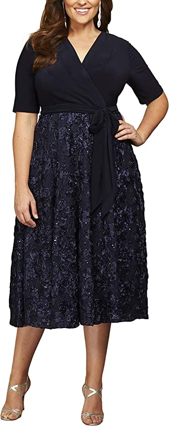 Alex Evenings Women's Plus Size Tea Length Dress with Rosette Detail