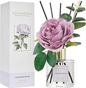 Cocorrína Flower Reed Diffuser - Lavender Thyme 6.7oz Scented Diffuser with Sticks Home Fragrance Essential Oil for Bathroom Shelf Decor (Artificial Flower)