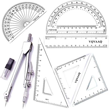 7 Piece Geometry School Set,with Quality Compass, Linear Ruler, Set Squares, Protractor (Silver)