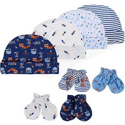 Lictin Newborn Baby Cotton Cap Mitten - 100% Cotton 4pcs Baby Cotton Caps Hats and 4 Pairs Baby Scratch Mitten Gloves for Baby Boy(0-6 Months) (Blue)