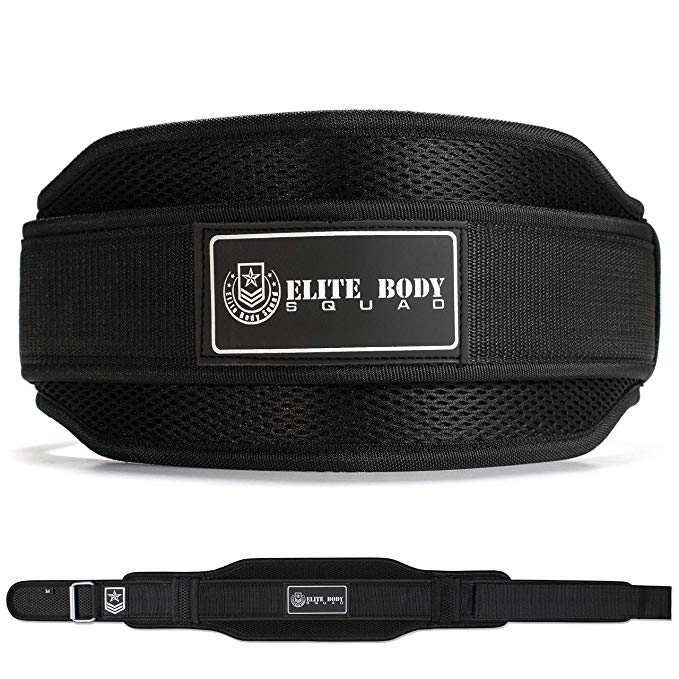 Elite Body Squad Weight Lifting Belt Neoprene Back Support With Reinforced Waist Band + Easy Open Velcro Strap And Cushioned Padding For Squats And Deadlifting - 100% Quality Guarantee + FREE EBOOK