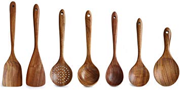 Wooden Kitchen Utensils Set, 7pcs Cooking Tools Non Scratch & Heat Resistant & Protect Your Pans, Japanese Style