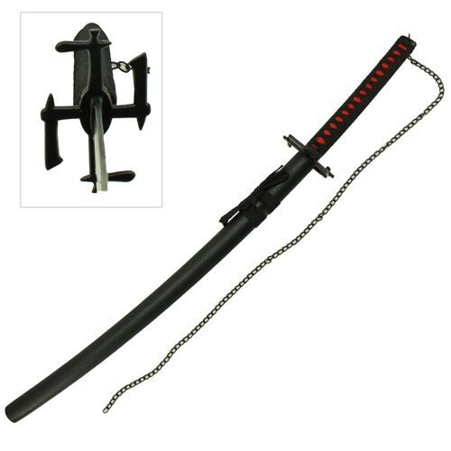 Handmade Japanese Anime Sword All Black Swirl Tsuba Unsharpened Carbon Steel & Chained Pommel