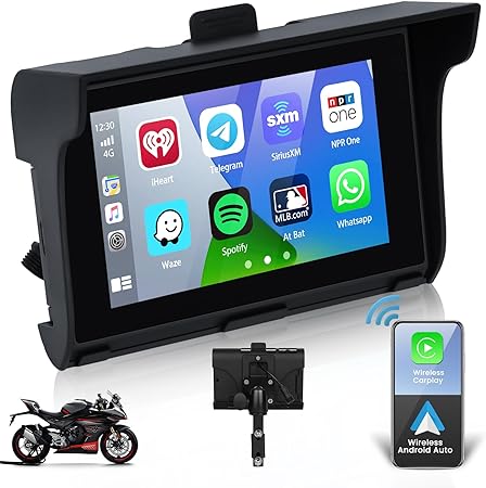 Portable Autoradio pour Moto avec Apple Carplay/Android Auto sans Fil, 5 Pouces Écran Tactile Moto Navigation IP65 Étanche Moto, Bluetooth, FM Transmitter, de Siri et Google Assistant EQ USB TF