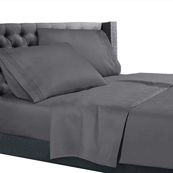 Nestl Bedding 4 Piece Sheet Set - 1800 Deep Pocket Bed Sheet Set - Hotel Luxury Double Brushed Microfiber Sheets - Deep Pocket Fitted Sheet, Flat Sheet, Pillow Cases, Flex-Top King - Gray