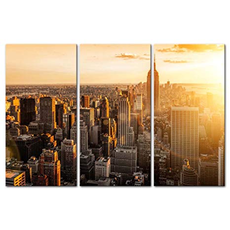 3 Pieces Modern Canvas Painting Wall Art The Picture For Home Decoration Manhattan Skyscrapers Empire State Building Hudson River Dawn Buildings Cityscape Print On Canvas Giclee Artwork For Wall Decor