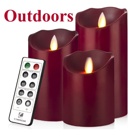 Outdoor Indoor Candles Waterproof Battery Operated candles with Remote timer 12-H Flickering Flameless candles set of 3(4"5"6")-Burgundy-Comenzar®