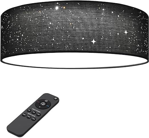 Navaris Flush Mount Ceiling Light - 12.6" Diameter Drum Lamp Shade LED Fixture with Remote Control - Bedroom Nursery - Dark Gray with Star Effect