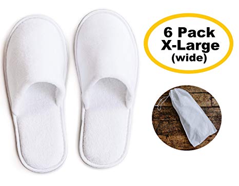 MODLUX Spa Slippers - 6 Pairs of X-Large Wide Sized Cotton Velvet Closed Toe Spa Slippers Travel Bags, Comfortable - Perfect For Home, Hotel or Commercial Use – (6 Pack X-Large Wide, White)