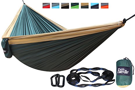Fancy Out™ Lightweight Parachute Portable Hammock 118" Long and 78" Wide 400lbs Weight Capacity 100% Ripstop Nylon Hammock for Hiking, Camping, Travel, Entertainment (Blackish Green+Khaki)